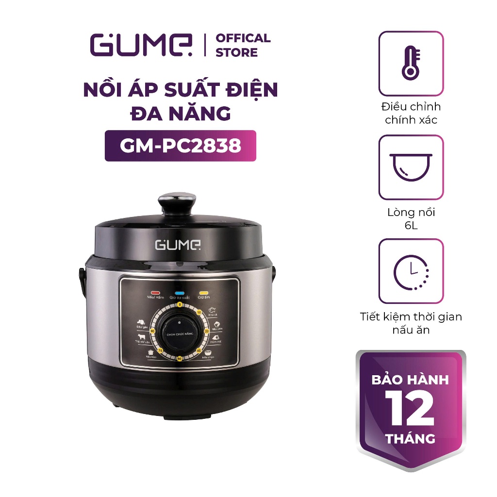 Nồi Áp Suất Đa Năng GUME GM-PC2838, Công Suất 1000W, Dung Tích 6l, Bảo Hành 12 Tháng