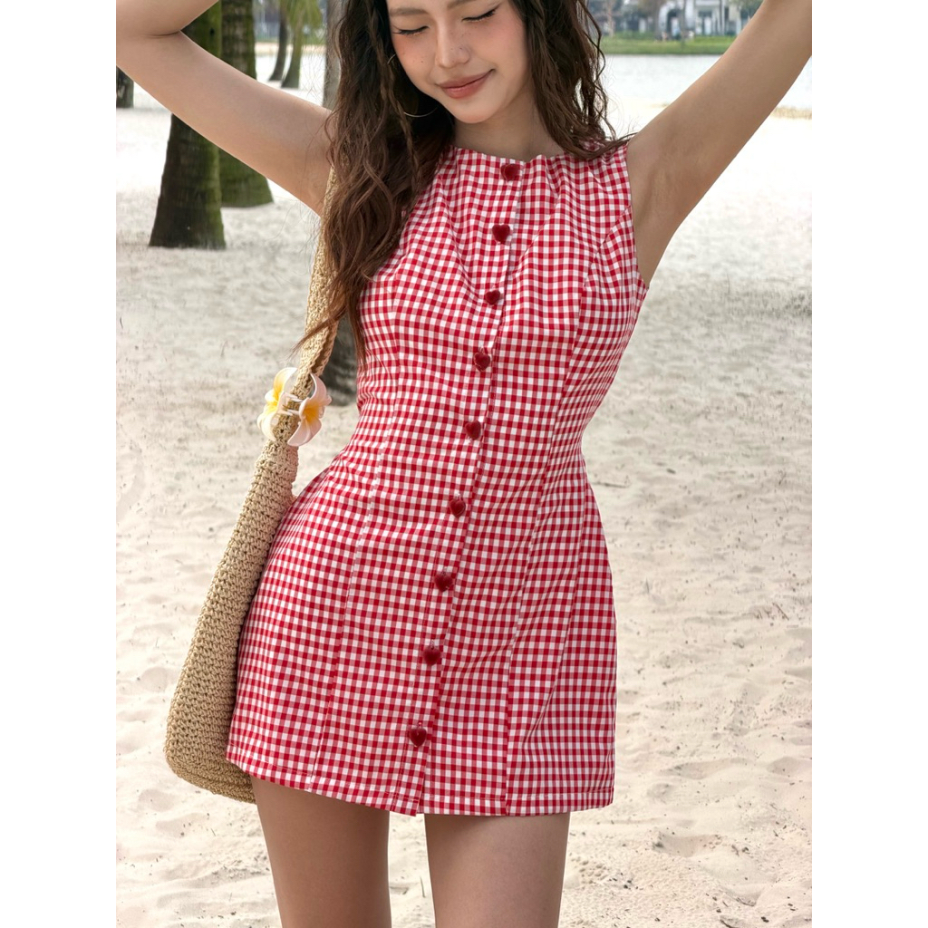 Sugar Crush - Váy caro đỏ dáng ôm, cúc (nút áo) trái tim - LOVE Dress