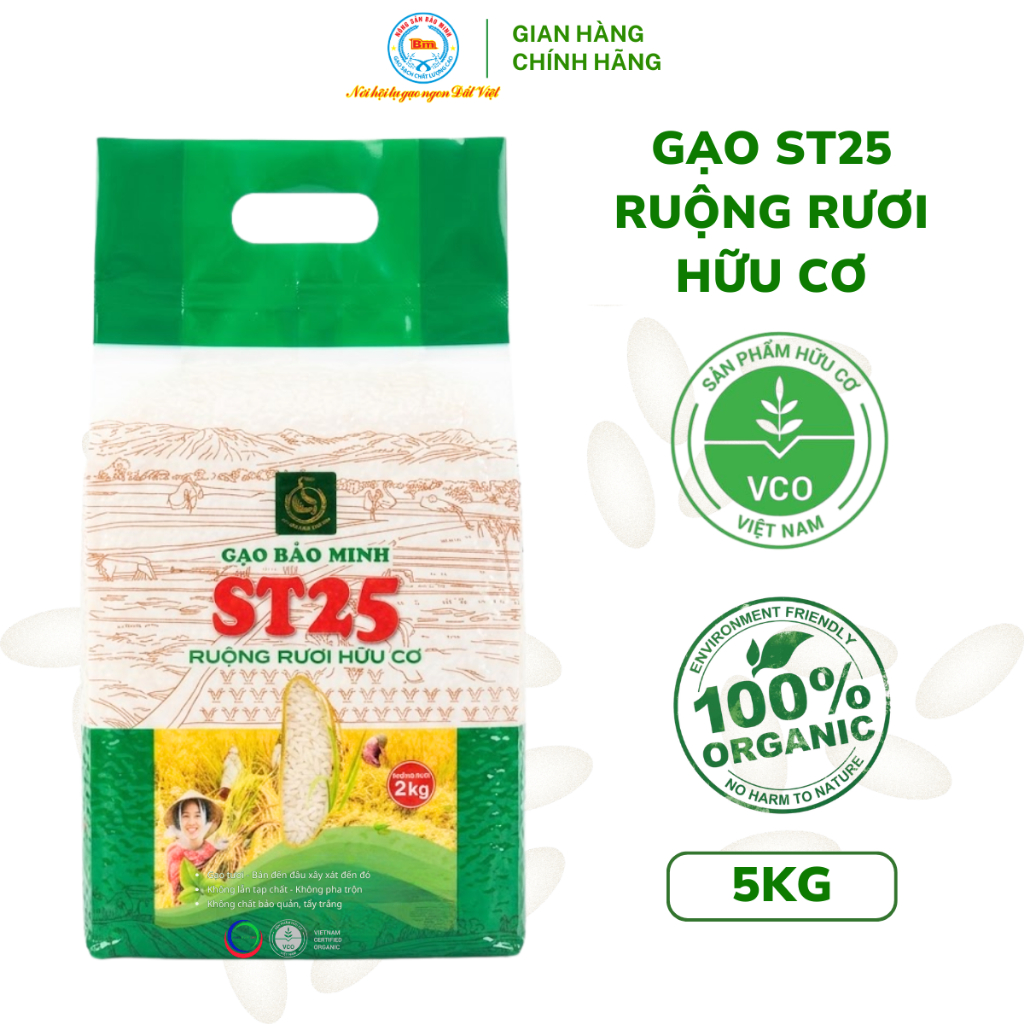 Gạo St25 ruộng rươi hữu cơ Bảo Minh Queen Rice túi 2kg