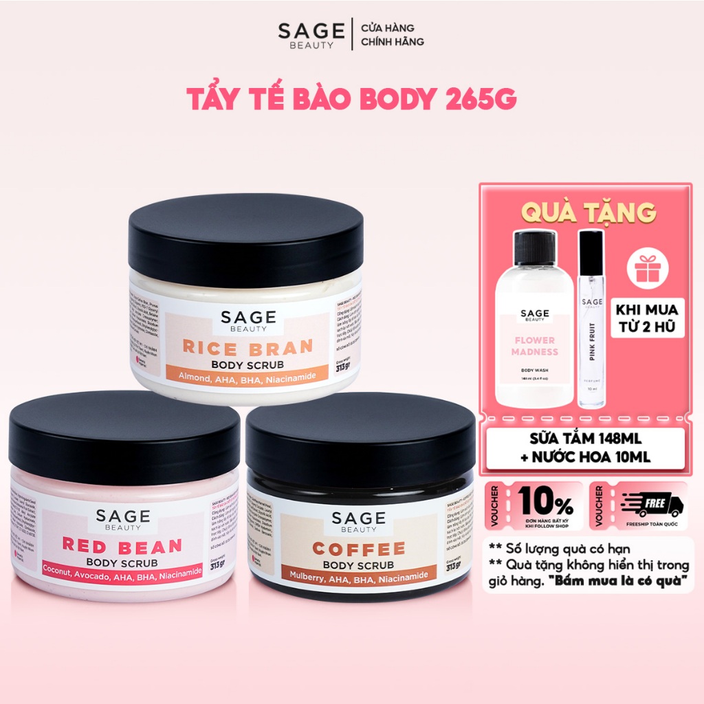 [Mua 1 Tặng 1] Tẩy Tế Bào Chết Cơ Thể Hạt Tự Nhiên SAGE BEAUTY Giúp Làm Sạch Da, Sáng Da & Mềm Mại -