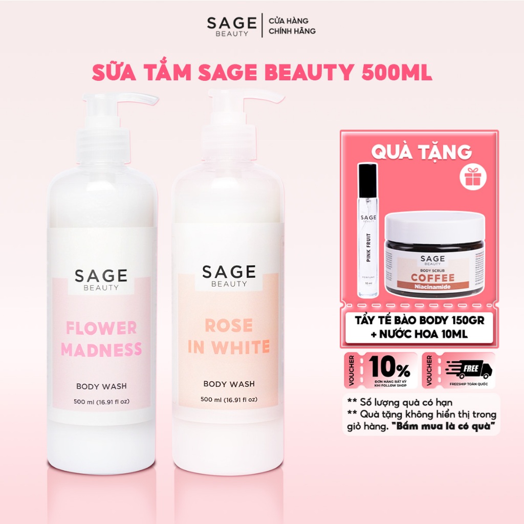 Sữa Tắm Sage Beauty Hương Nước Hoa Lưu Hương Lâu Giúp Sáng Da, Dưỡng Ẩm, Mịn Da - 500ml