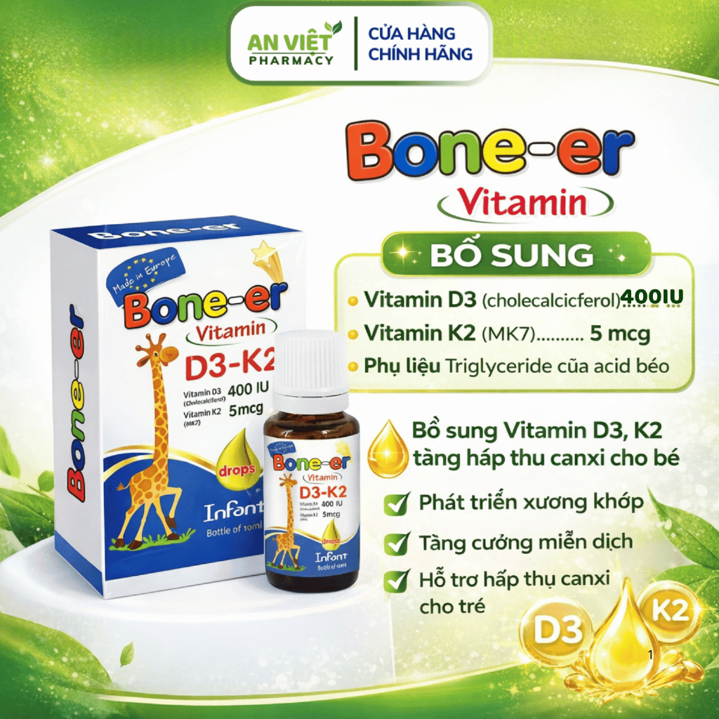 Vitamin D3 + K2 Bone-er bổ sung vitamin D3 và K2 cho bé từ 0 tháng tuổi, hỗ trợ hấp thu Canxi giúp x