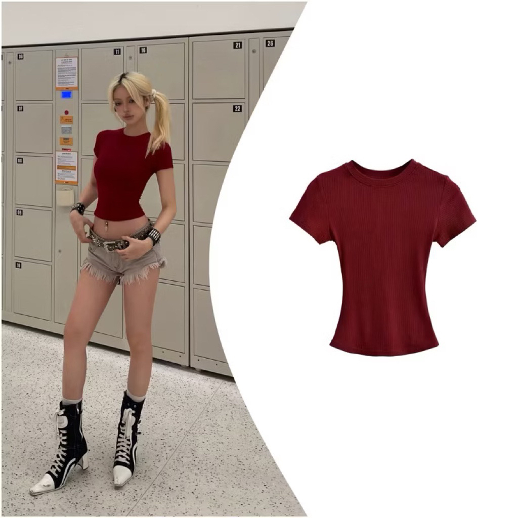 Áo thun cổ tròn chất thun gân tăm form ôm Babytee kiểu dáng thắt eo co giãn thoải mái | BigBuy360 - bigbuy360.vn