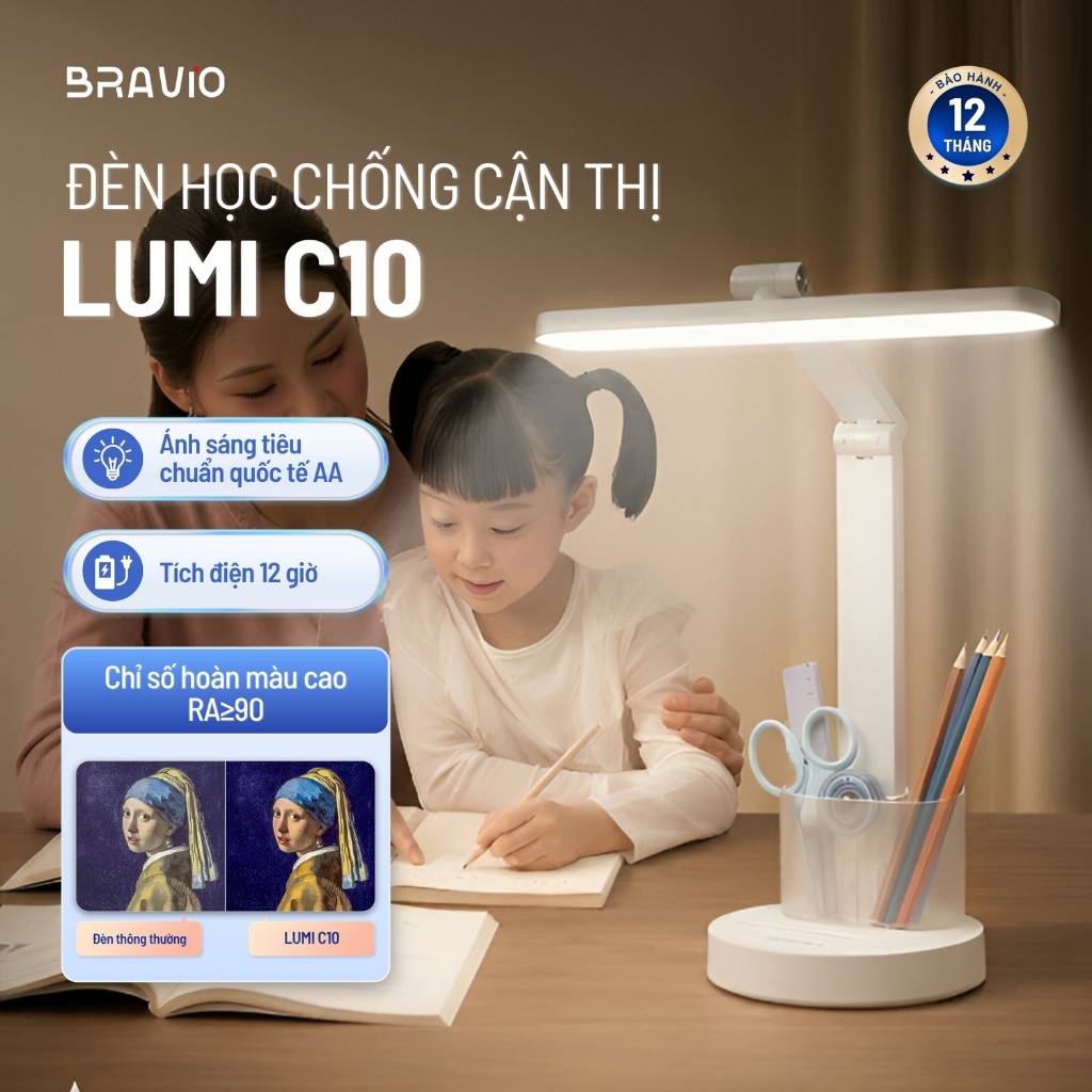 Đèn học để bàn chống cận thị Bravio Lumi C10 đèn học tích điện bàn làm việc đọc sách LED bảo vệ mắt cho bé sạc pin | BigBuy360 - bigbuy360.vn