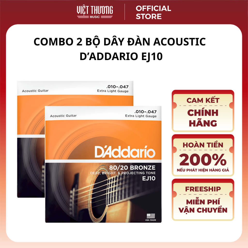 Combo 2 Bộ Dây Đàn Guitar Acoustic Chính Hãng D'addario EJ10 Size 10-47  - Việt Thương Music