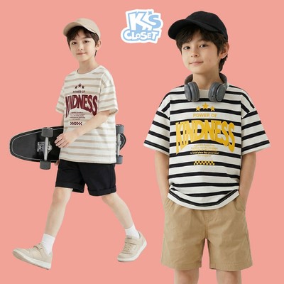 Áo Phông Cộc Tay Vai Trễ K'S CLOSET Họa Tiết Kẻ Ngang Chất Liệu Vải Cotton Cho Bé Trai (2-14 tuổi) từ 12kg-65kg E001SIS