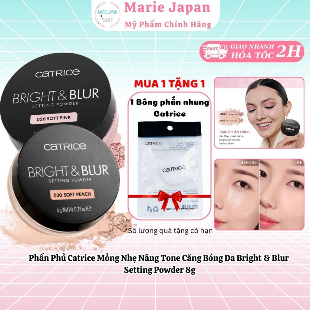 Phấn Phủ Catrice Mỏng Nhẹ Nâng Tone Căng Bóng Da Bright & Blur Setting Powder 8g - TẶNG 1 BÔNG PHẤN 