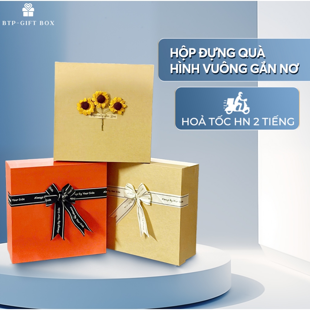 Hộp Quà Gắn Nơ, Hoa Khô Hình Vuông Sang Trọng, 20x20x8 cm (DxRxC) Đựng Quà Kỷ Niệm, Sinh Nhật