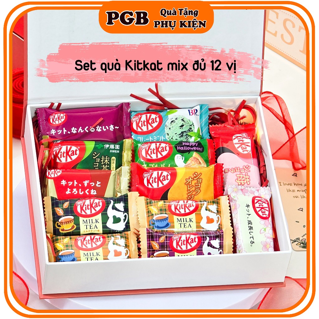 [ Set Quà Mix 12 Vị KIT KAT Nhật- Siêu Ngon ] Gồm Hộp+Túi Quà Kèm Thiệp tặng sinh nhật, Socola mix v