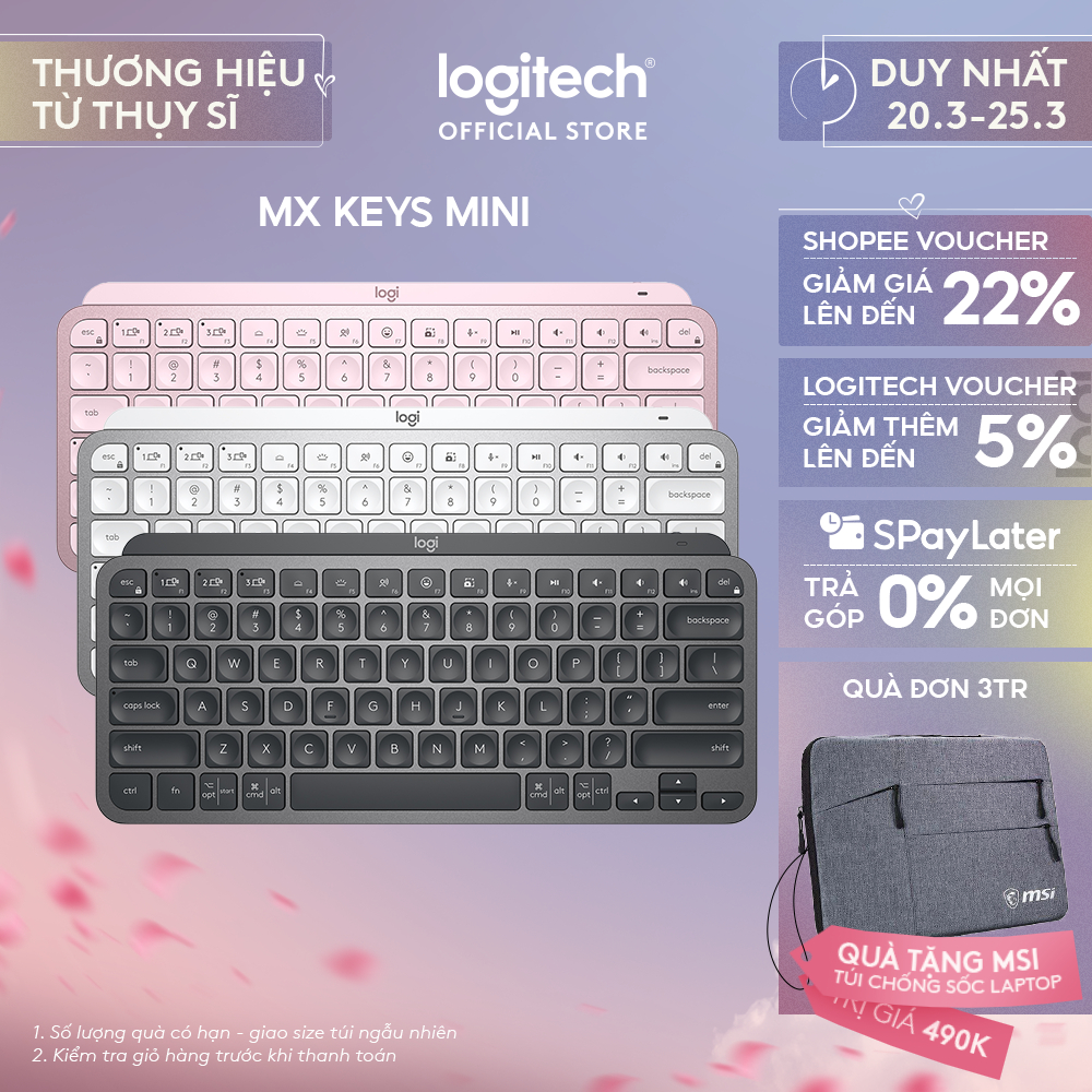 Bàn phím không dây Bluetooth Logitech MX Keys Mini - Nhỏ gọn, Phím tắt thông minh