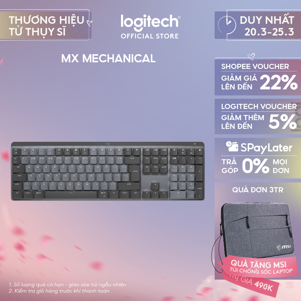 Bàn phím cơ không dây Logitech MX Mechanical – Tactile, chiếu sáng nền, sạc USB-C, mac OS | Win