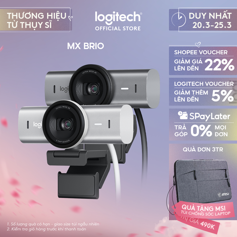 Webcam Logitech MX BRIO Ultra HD 4K - Hội họp & truyền trực tuyến, Mic kép giảm ồn, Show Mode, USB-C