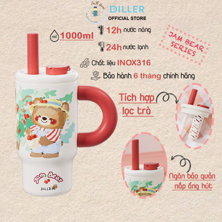 Bình Giữ Nhiệt Diller D9366 Jam Bear 1000ml, Ống Hút, Nắp Đậy Ống Hút, Tay Cầm, Inox 316