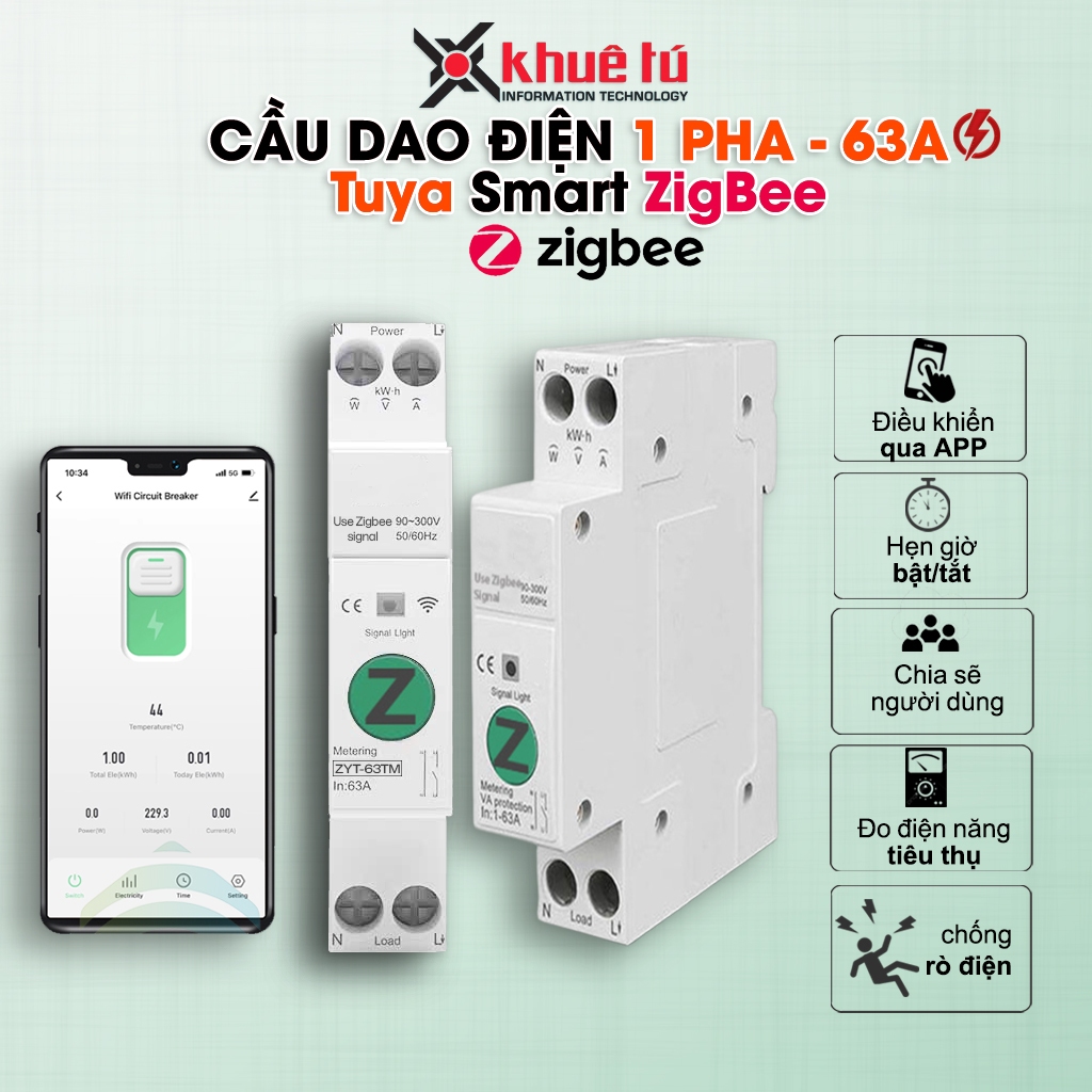Aptomat thông minh Tuya Zigbee, CB Tuya 63A có đo điện