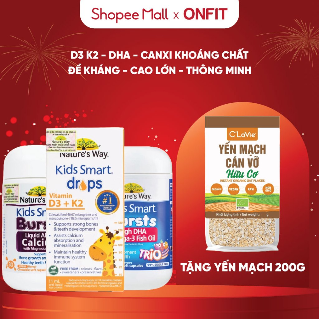 Combo Đề Kháng, Cao Lớn, Thông Minh , Nature's Way DHA Trio + D3K2 + Kẹo Dẻo Multi Vitamin - Tặng Yế