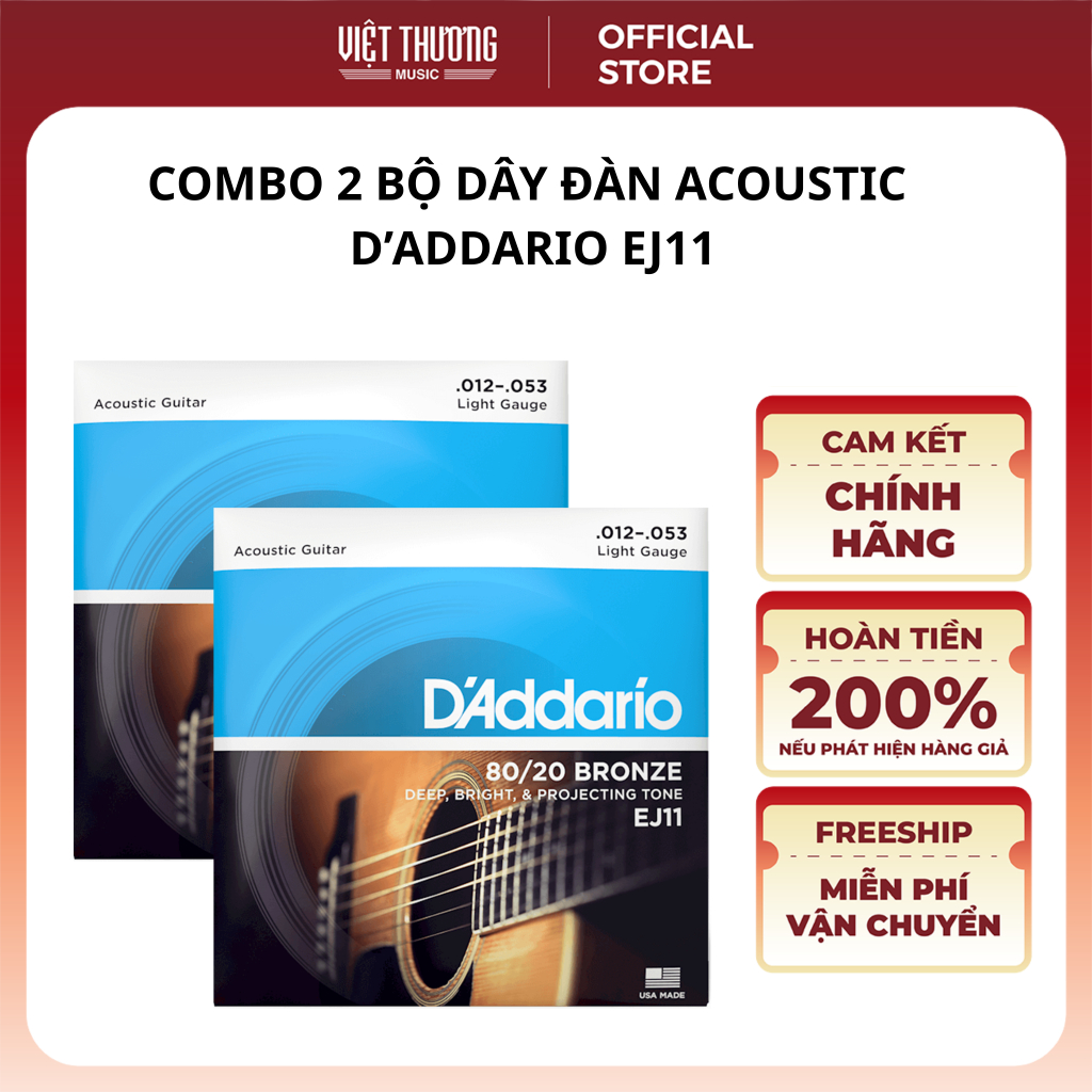 Combo 2 Bộ Dây Đàn Guitar Acoustic Chính Hãng D'addario 80-20 Size 12-53 EJ11 - Việt Thương Music
