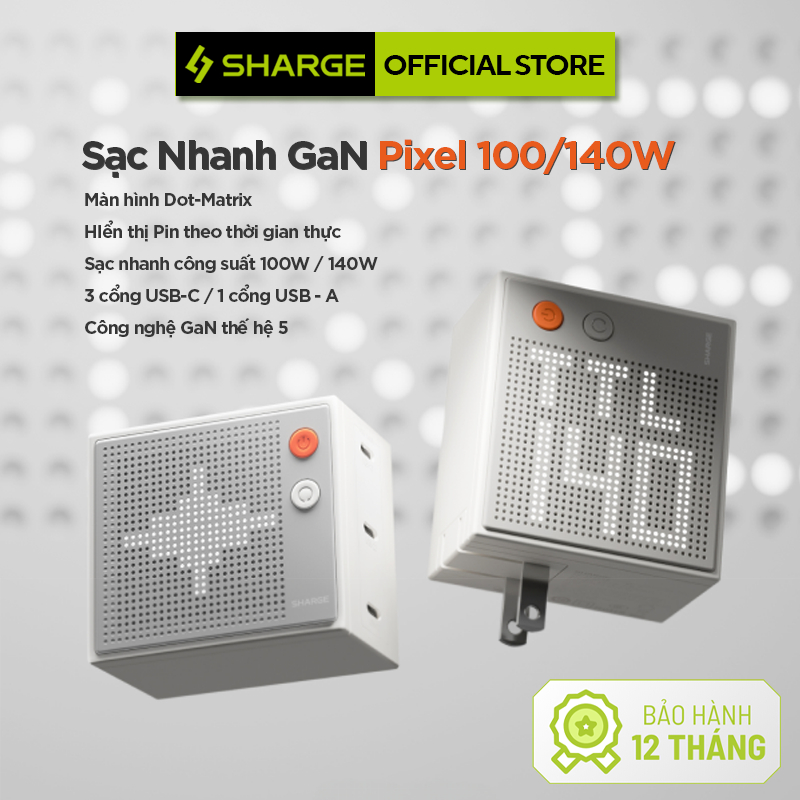 SHARGE Củ Sạc Nhanh Pixel 100/140W,Công Nghệ GaN,3 Cổng USB-C PD 3.1,Màn hình Ma Trận _ Bảo Hành 12T