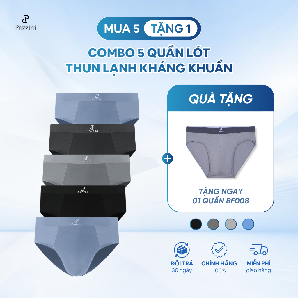 Combo 5 quần lót nam tam giác PAZZINI thun lạnh cao cấp, quần sịp nam co giãn, thấm hút kháng khuẩn 