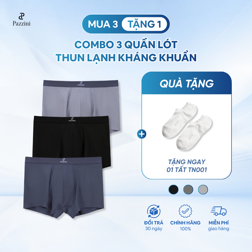 Combo 3 quần lót nam boxer bamboo kháng khuẩn PAZZINI , quần sịp nam co giãn 4 chiều, thấm hút  - BX