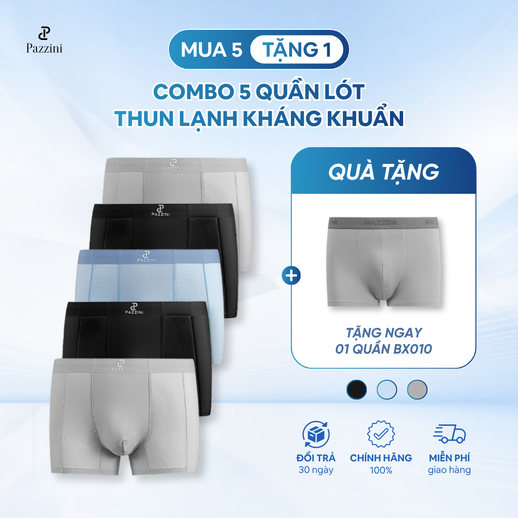 Combo 5 quần lót nam boxer PAZZINI phối lưới thun lạnh kháng khuẩn, quần sịp nam co giãn 4 chiều, th