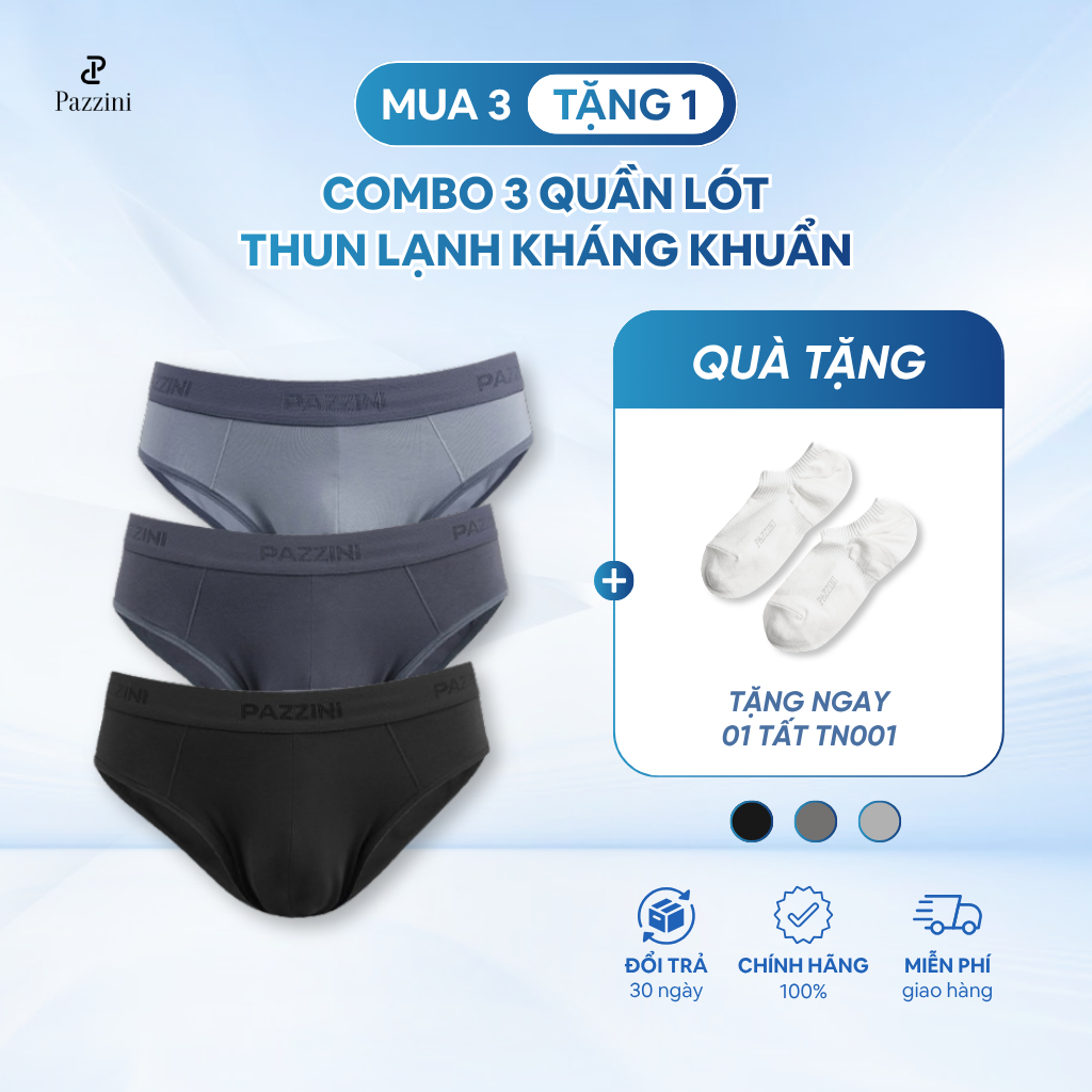 Combo 3 quần lót nam tam giác PAZZINI cotton kháng khuẩn cao cấp, quần sịp nam co giãn 4 chiều, thấm