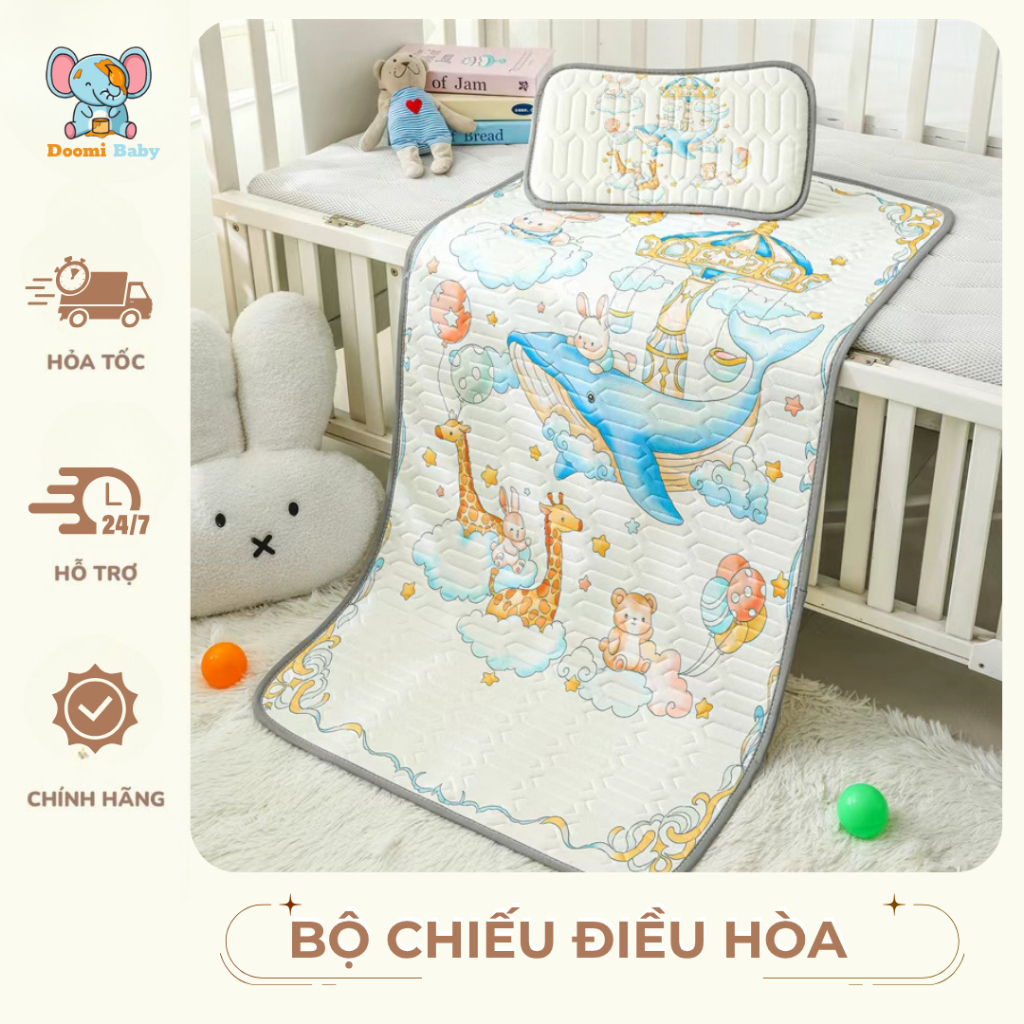 (TẶNG KÈM GỐI) Chiếu Điều Hoà Cao Su Non Tặng Kèm Gối Cho Bé In Hình 5D Doomi Baby - HT516