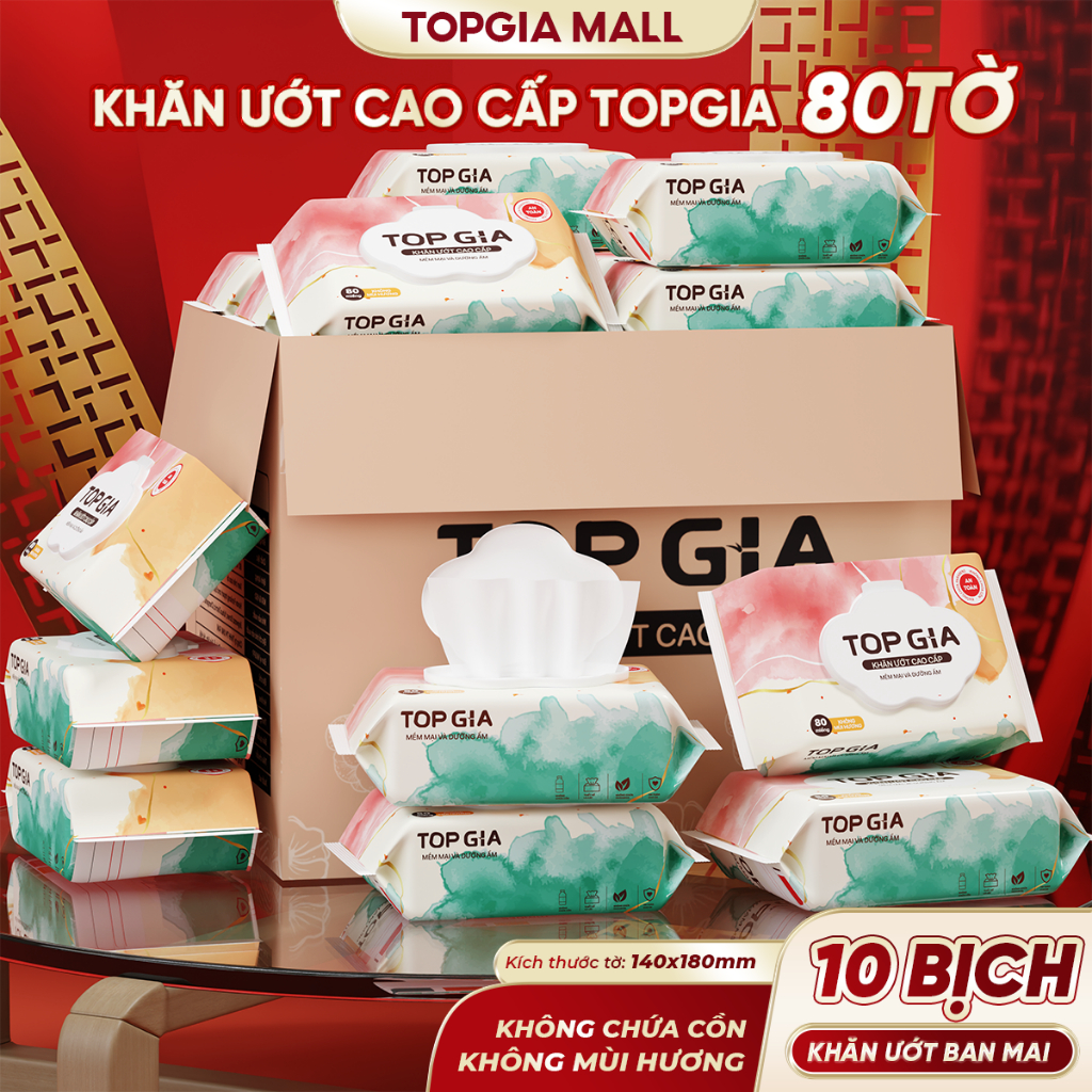 Combo 10 Bịch - Khăn Ướt Top Gia Ban Mai 80 Tờ Không Mùi Không Parabens Cao Cấp Chính Hãng