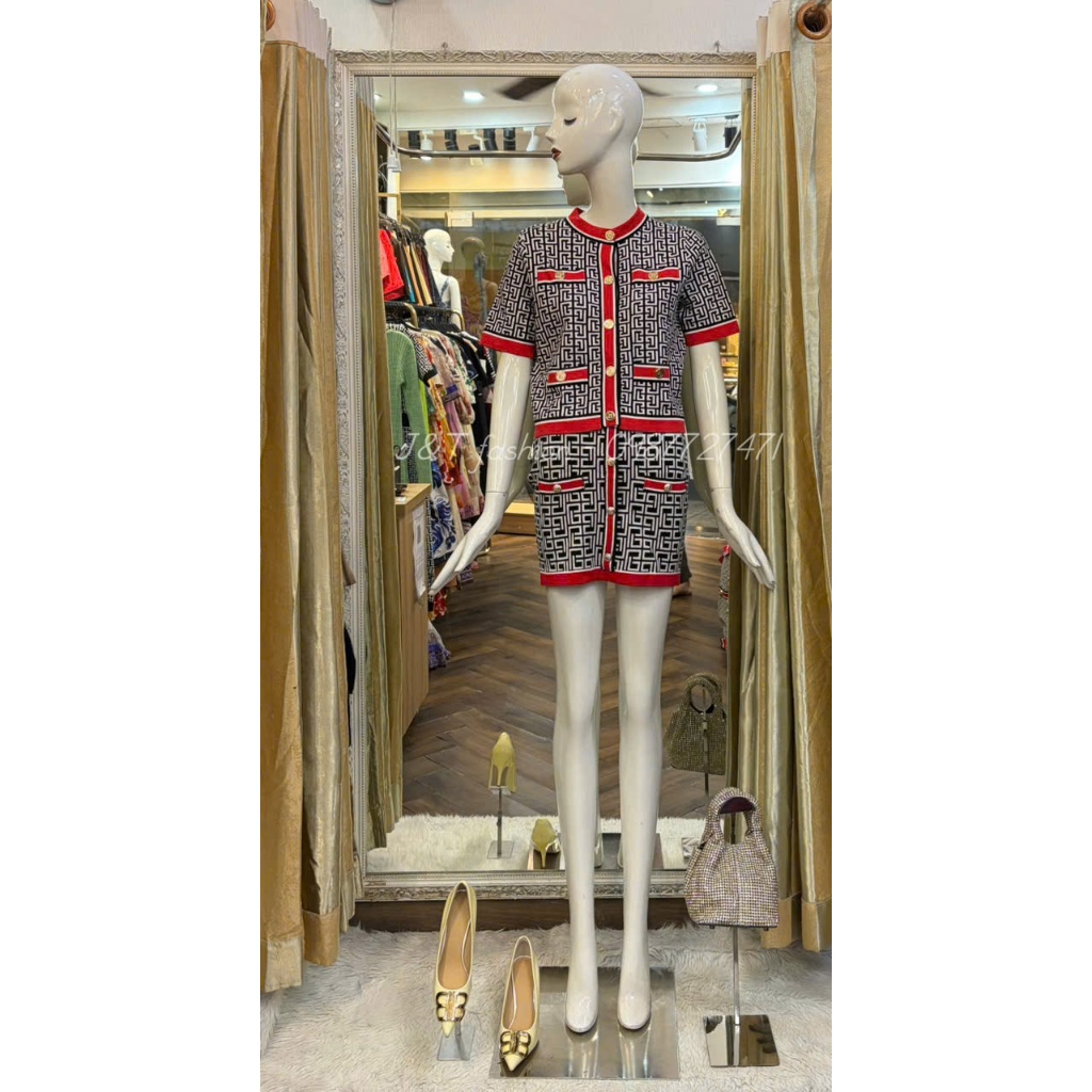 Set BALMAIN  váy áo nữ cao cấp họa tiết chữ phối viền đỏ sang chảnh form ôm nhẹ phong cách tiểu thư 