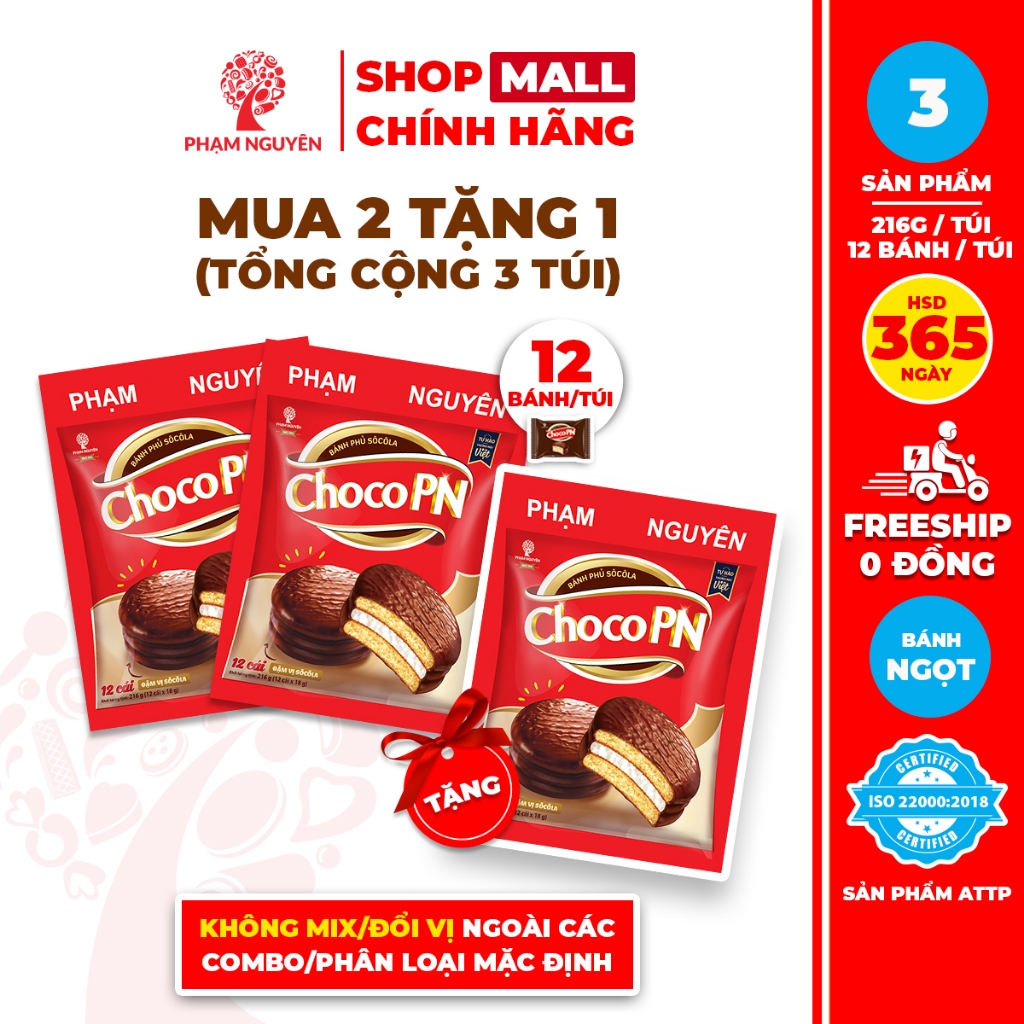 [MUA 2 TẶNG 1] Tổng cộng 3 Túi Bánh phủ socola Choco PN Phạm Nguyên - Thương Hiệu Việt 216g | Đồ ăn vặt