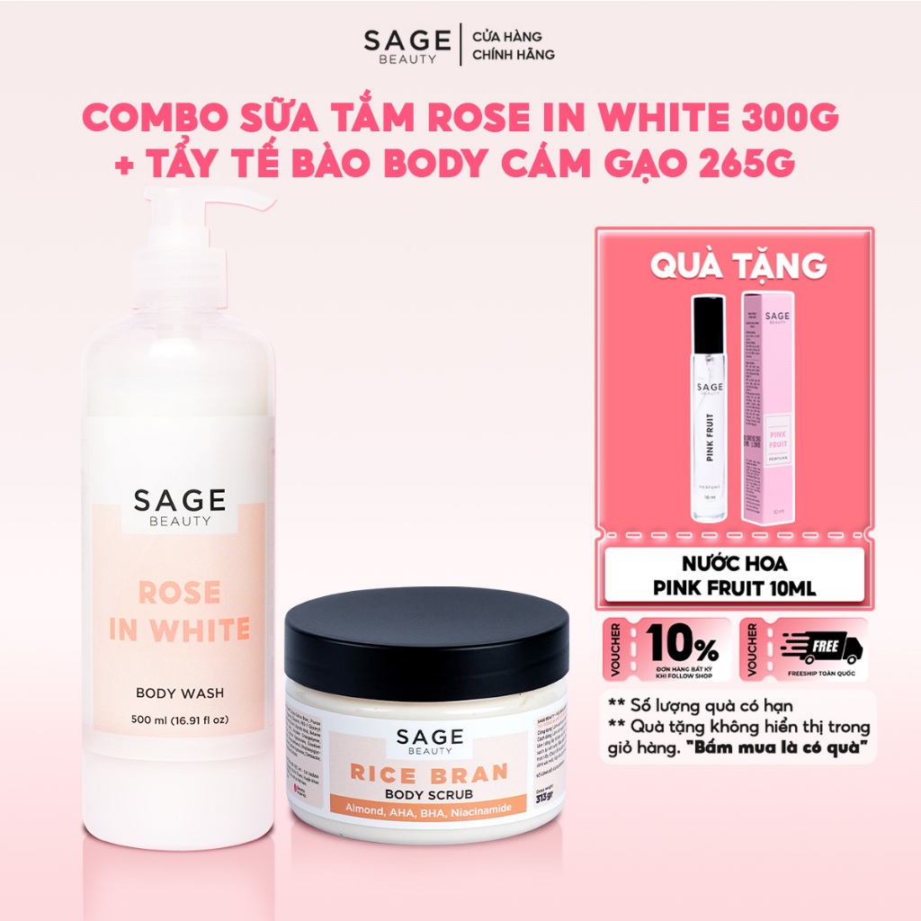 Combo Sữa Tắm Hương Nước Hoa SAGE BEAUTY 500ml & Tẩy Tế Bào Chết Cơ Thể 265gr