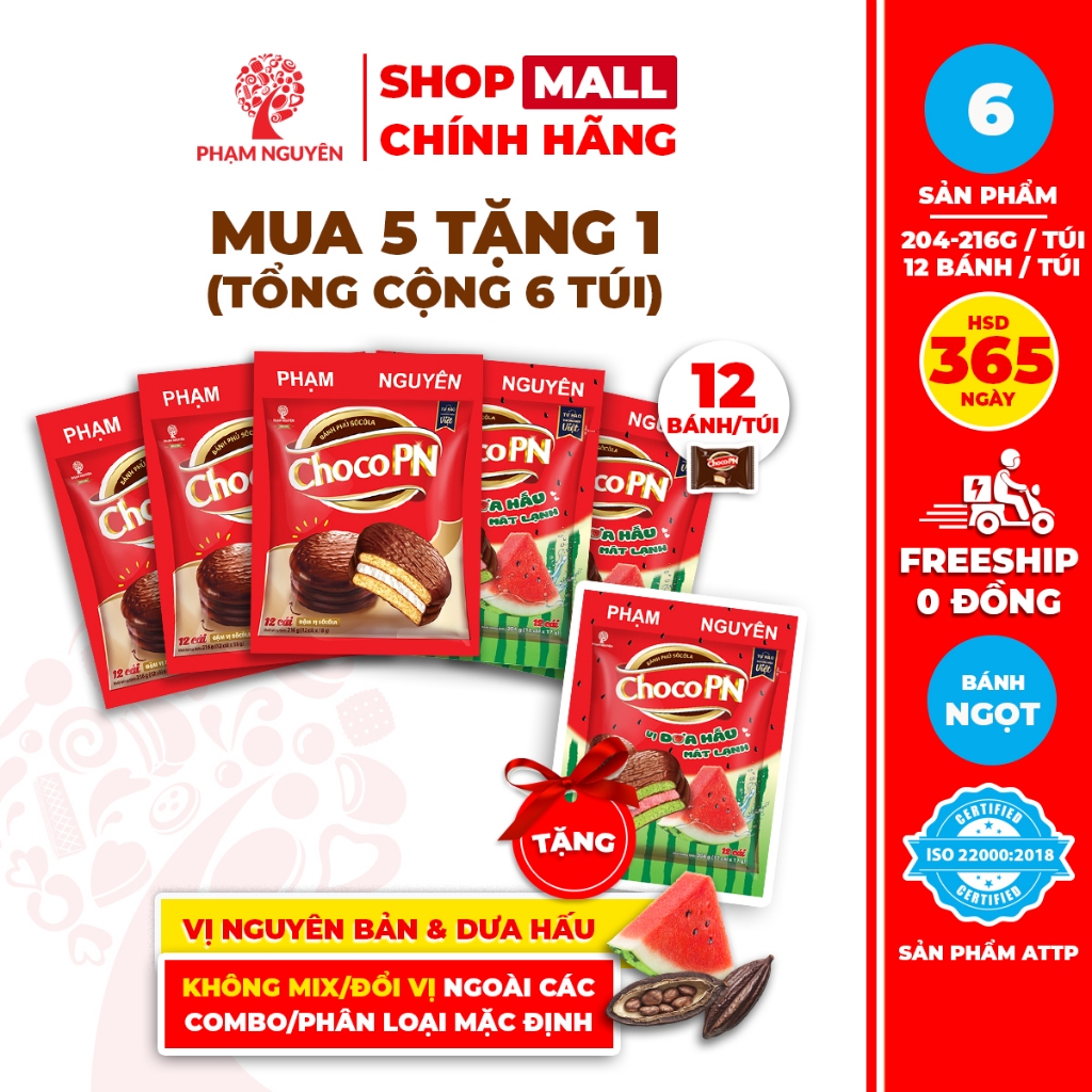 [MUA 5 TẶNG 1] Tổng cộng 6 Túi Bánh phủ socola Choco PN Phạm Nguyên - Thương Hiệu Việt 216g | Đồ ăn vặt