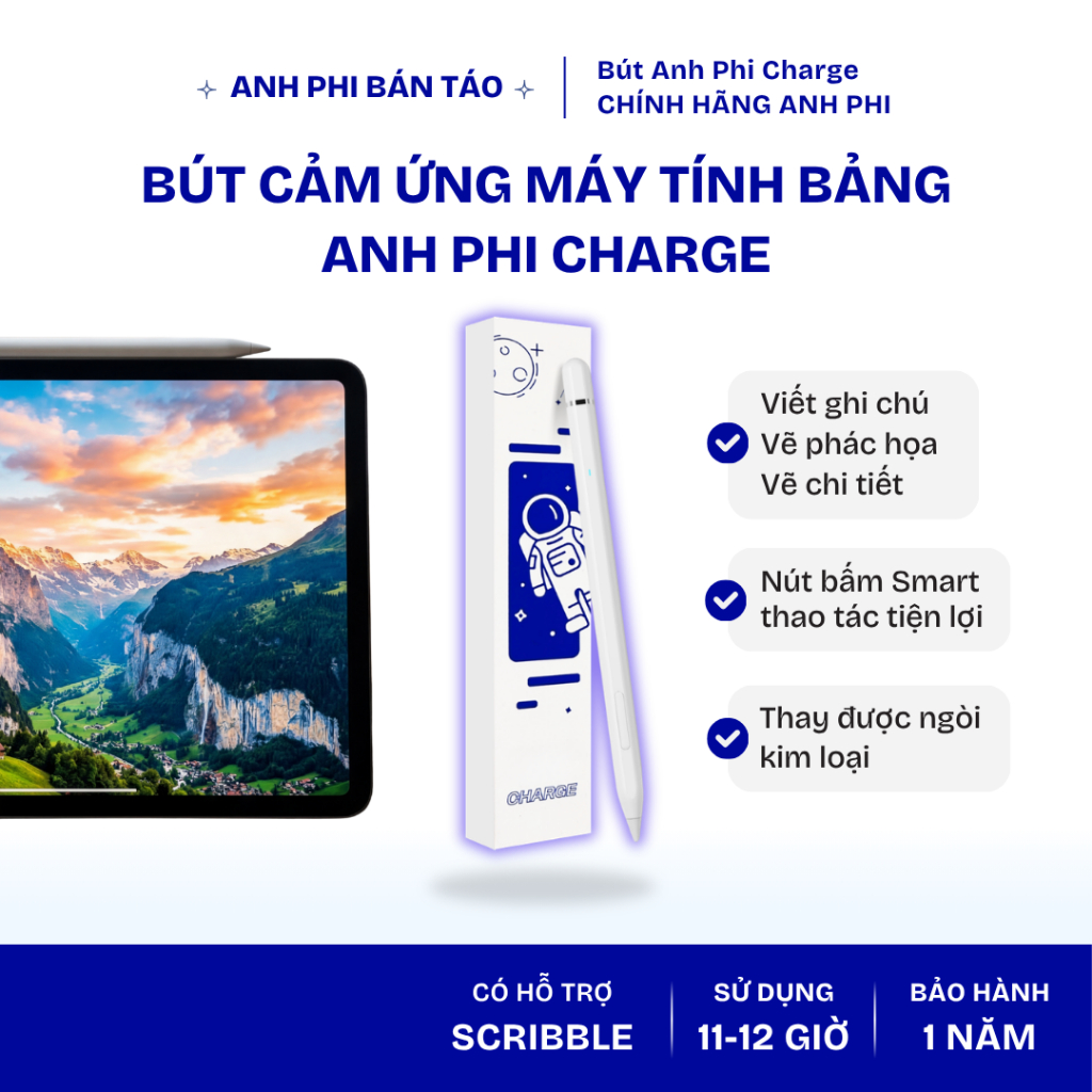 [BH 12 Tháng] Bút Cảm Ứng Pencil Sạc Charge Chống Tỳ Đè, Dùng Cho iPad Gen/Air/Pro/Mini (2018+) I Anh Phi Bán Táo
