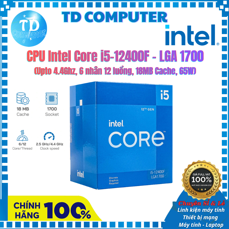 CPU Intel Core i5 12400F 2.6GHz (Không GPU, Socket 1700, 6 Nhân 12 Luồng 18MB) - Full Box chính hãng