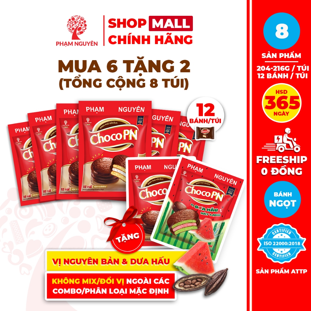 [MUA 6 TẶNG 2] Tổng cộng 8 Túi Bánh phủ socola Choco PN Phạm Nguyên - Thương Hiệu Việt 216g | Đồ ăn vặt