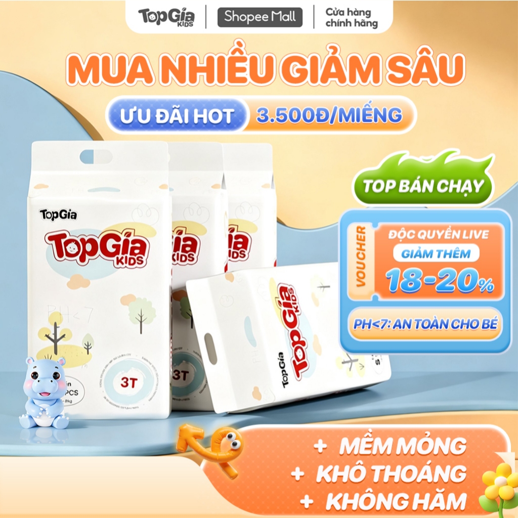 Tã/Bỉm Quần Dán Em Bé TOPGIAKIDS pH<7 Hỗ Trợ Kháng Khuẩn, Mềm Mại, Chống Tràn, Khô Thoáng Cả Ngày S/