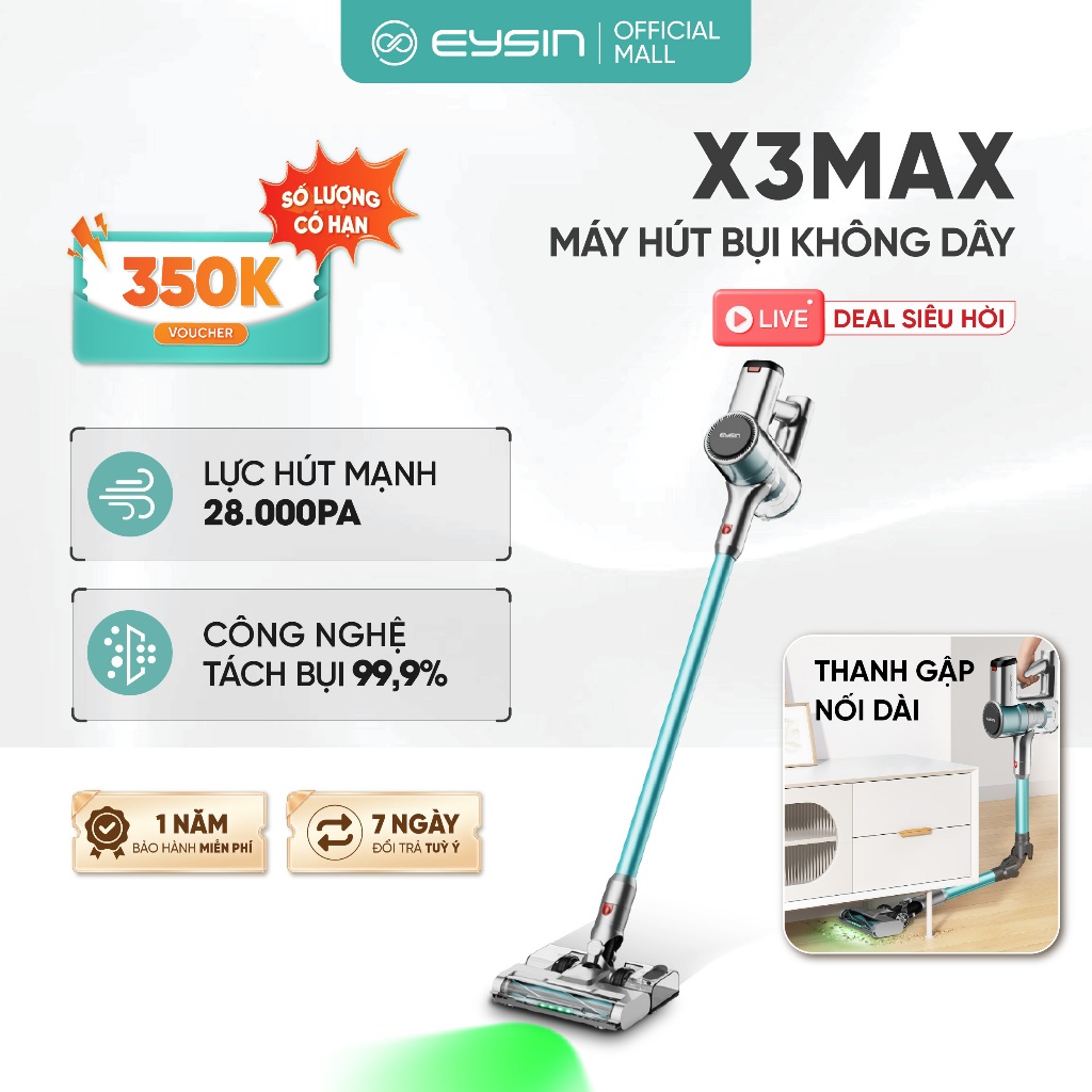 Máy hút bụi cầm tay không dây 4in1 Eysin X3MAX, kèm đầu hút giường nệm với phân loại - Bảo Hành 12 T