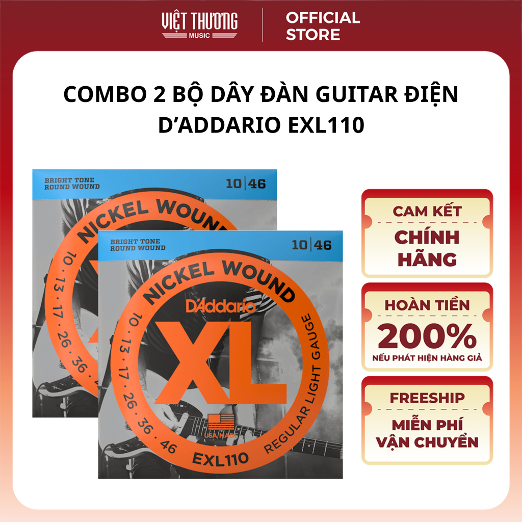 Combo 2 Bộ Dây Đàn Guitar Điện Chính Hãng Daddario Nickel Wound EXL110 Size 10-46 - Việt Thương Musi