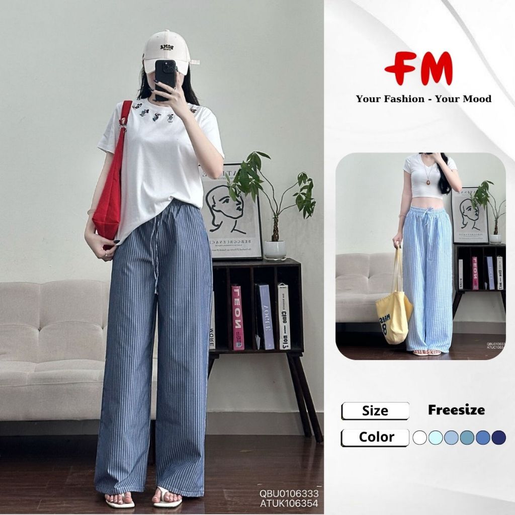 Quần Kẻ Sọc Ống Suông Nữ FMSTYLE SHOP - Phối Dây Thời Trang Form Rộng Phối Đồ Trẻ Trung 26030138