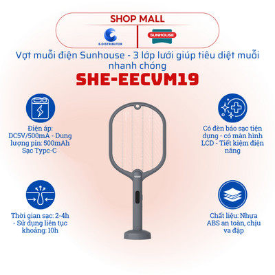[HỎA TỐC] Vợt muỗi điện Sunhouse SHE-EECVM19 - Pin Lithium 500mAh - Bảo hành 12 tháng