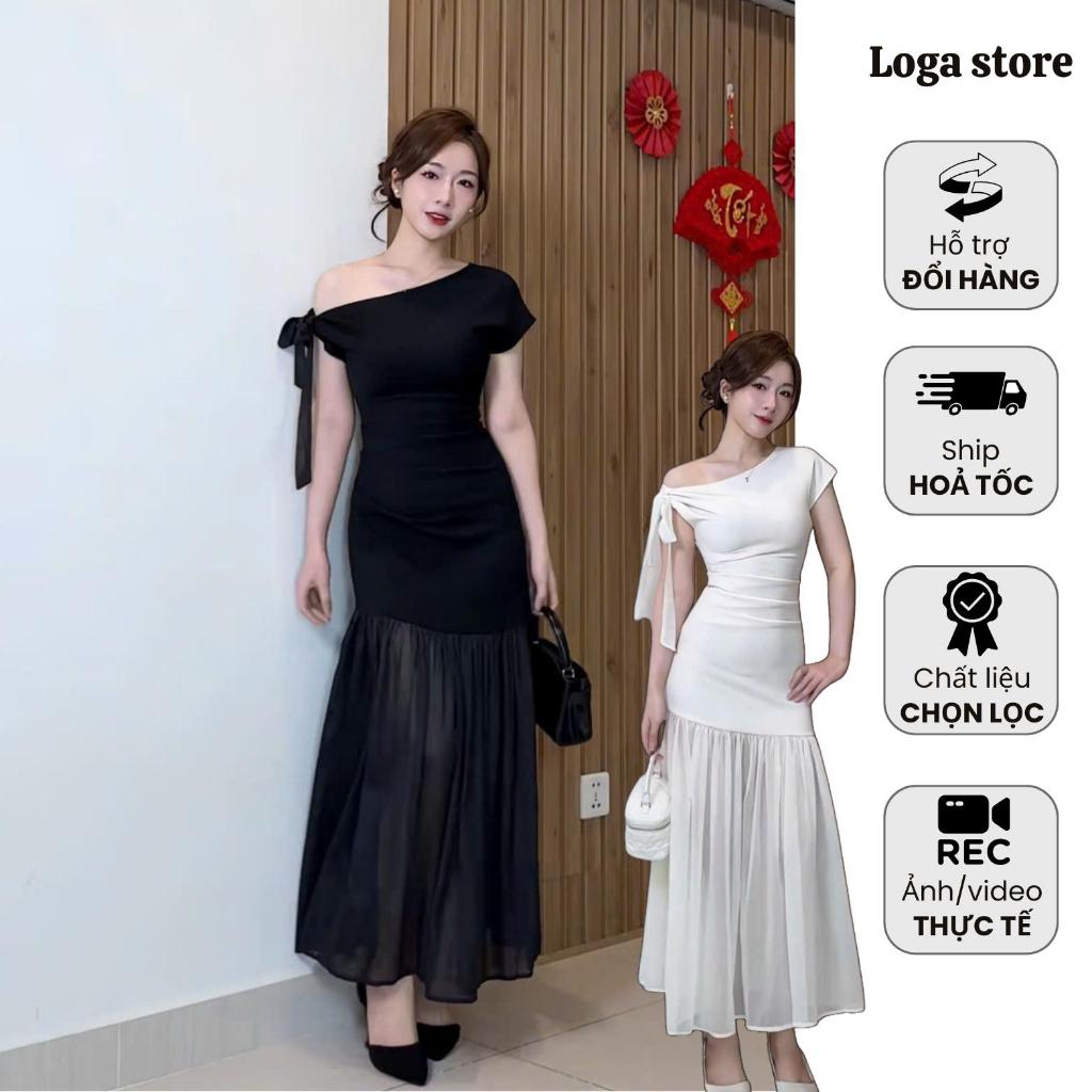 Đầm Body Lệch Vai Đi Hẹn Hò Phối Chân Váy Tơ , Váy Sự Kiện Dáng Dài Sang Chảnh Logastore_L0198