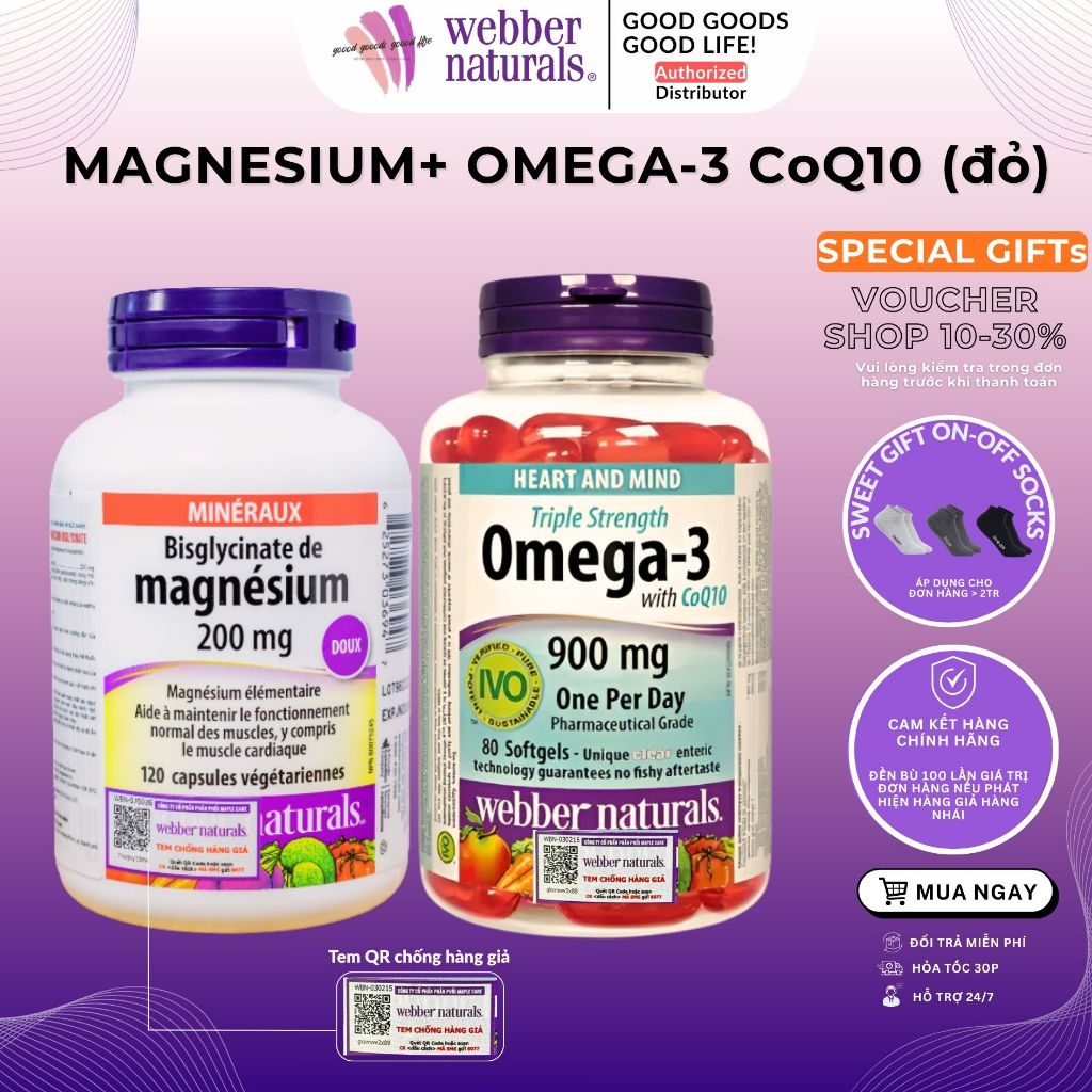 [Magie + Omega] Magnesium Bisglycinate 200mg và Dầu Cá Omega-3 900mg/CoQ10  Webber Naturals Canada