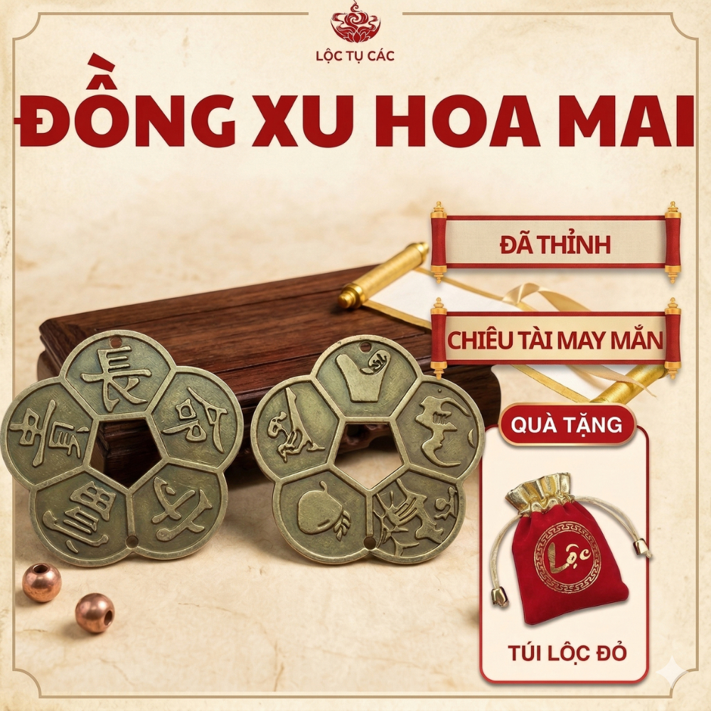 Đồng xu hoa mai, đồng tiền phong thủy chiêu tài lộc, hanh thông, thuận lợi (ĐÃ THỈNH, TẶNG KÈM TÚI LỘC)