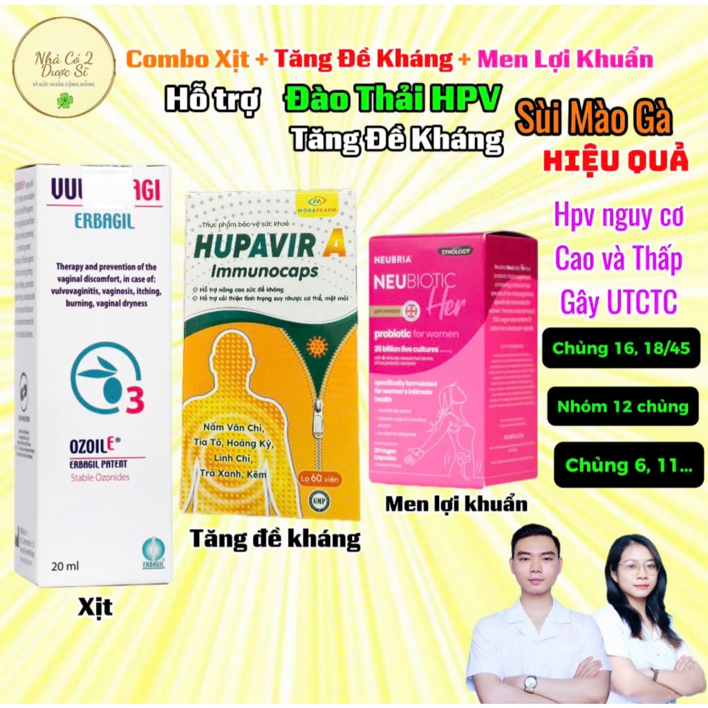 [Che Tên] Combo Xịt Uống Tăng Đề Kháng Và Men Lợi Khuẩn Hỗ Trợ HPV Vulvovagi, Hupavira Immunocaps, N