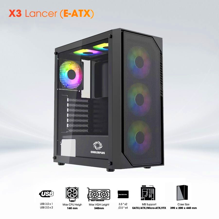 Thùng Máy/Vỏ Case Máy Tính X3 Lancer EATX/ATX/mATX/ITX - Case Gaming Mid Tower Kính Cường Lực, Hỗ Tr