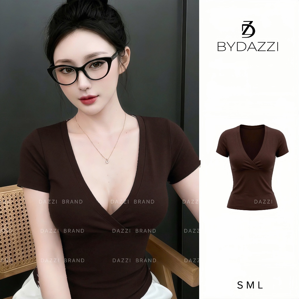 [MỞ BÁN] Áo thun tay ngắn nữ cổ V cách điệu dáng ôm chất cotton tôn dáng DAZZI Women A073 | BigBuy360 - bigbuy360.vn