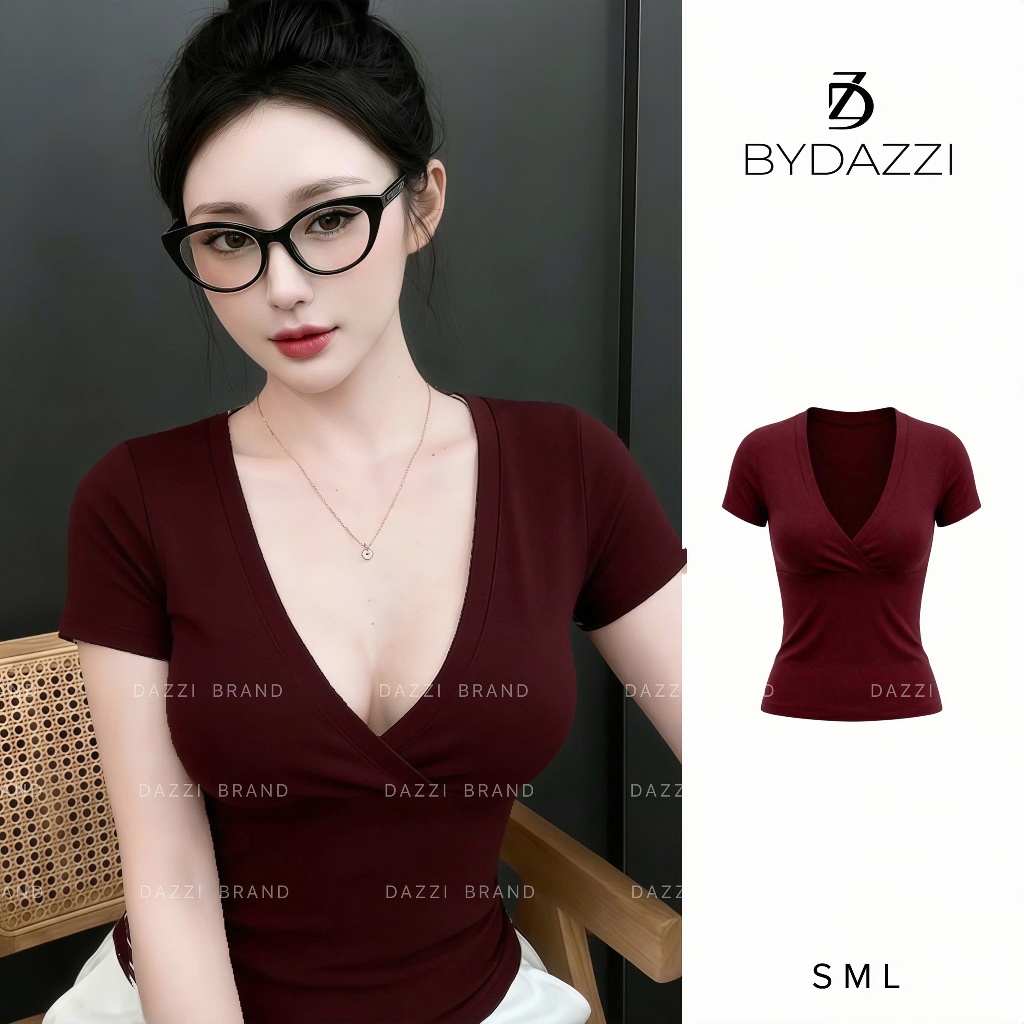 [MỞ BÁN] Áo thun tay ngắn nữ cổ V cách điệu dáng ôm chất cotton tôn dáng DAZZI Women A073 | BigBuy360 - bigbuy360.vn