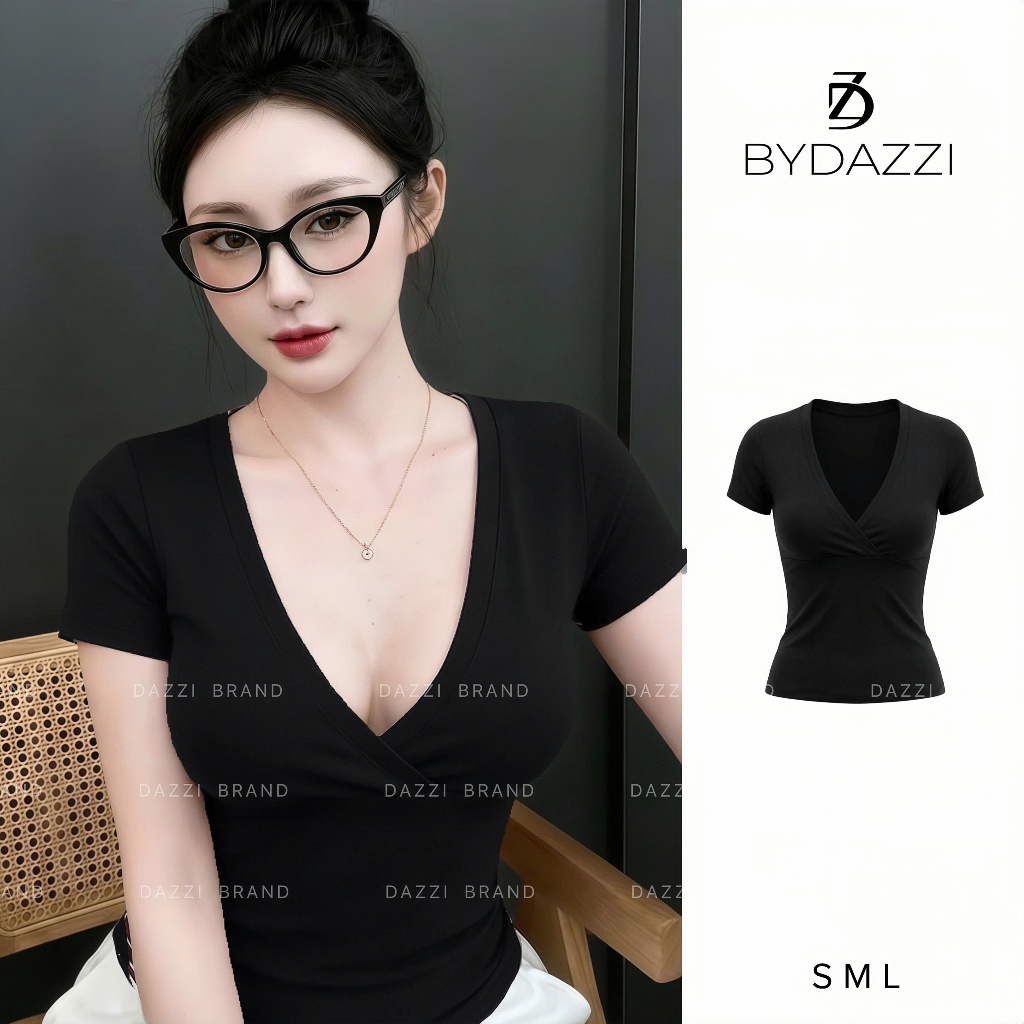 [MỞ BÁN] Áo thun tay ngắn nữ cổ V cách điệu dáng ôm chất cotton tôn dáng DAZZI Women A073 | BigBuy360 - bigbuy360.vn