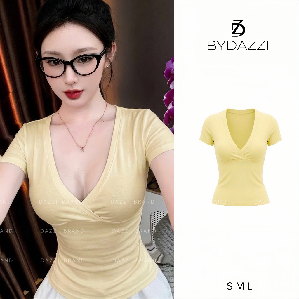 [MỞ BÁN] Áo thun tay ngắn nữ cổ V cách điệu dáng ôm chất cotton tôn dáng DAZZI Women A073 | BigBuy360 - bigbuy360.vn