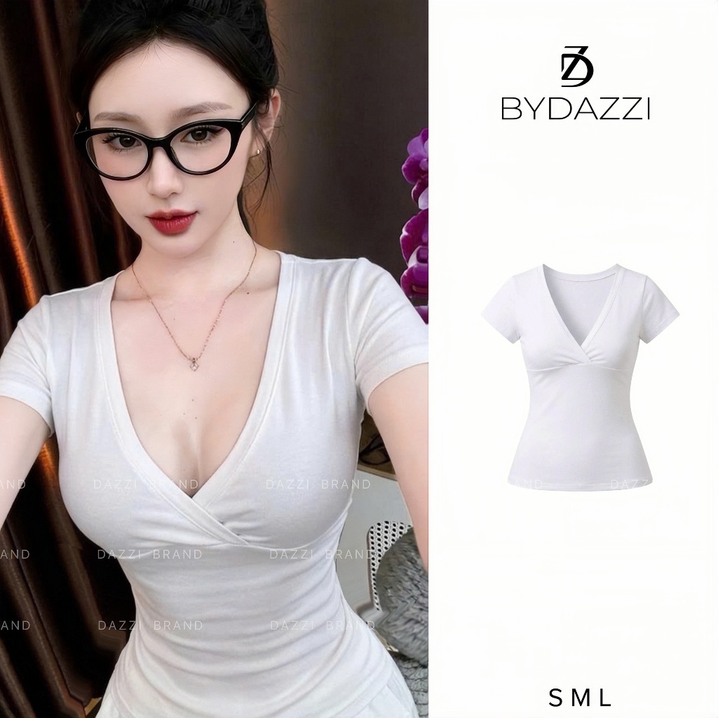 [MỞ BÁN] Áo thun tay ngắn nữ cổ V cách điệu dáng ôm chất cotton tôn dáng DAZZI Women A073 | BigBuy360 - bigbuy360.vn