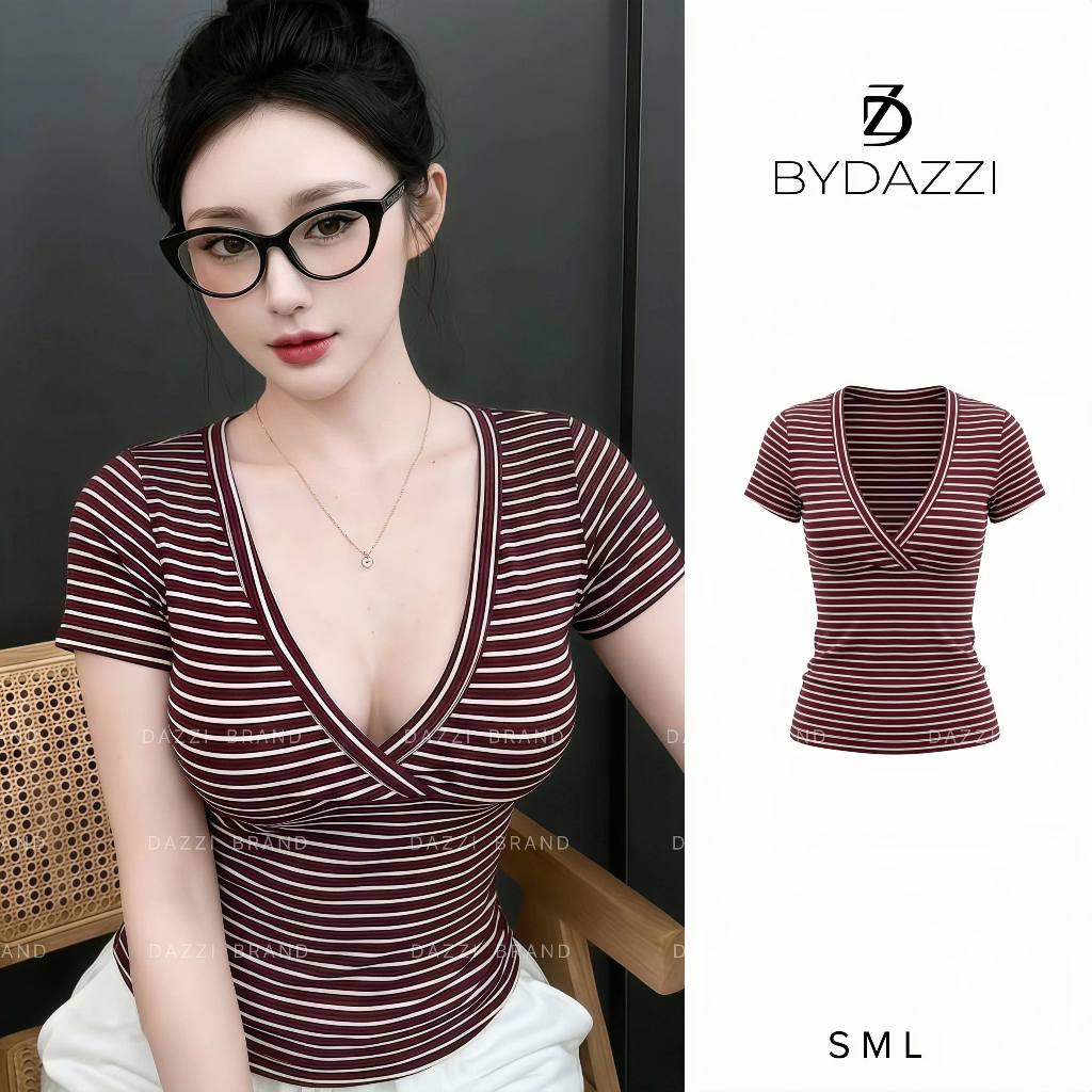 [MỞ BÁN] Áo thun tay ngắn nữ cổ V cách điệu dáng ôm chất cotton tôn dáng DAZZI Women A073 | BigBuy360 - bigbuy360.vn